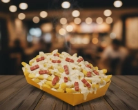 Frites lardon de volaille et sauce fromagère