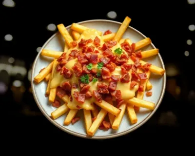 Frites lardon de volaille et sauce fromagère